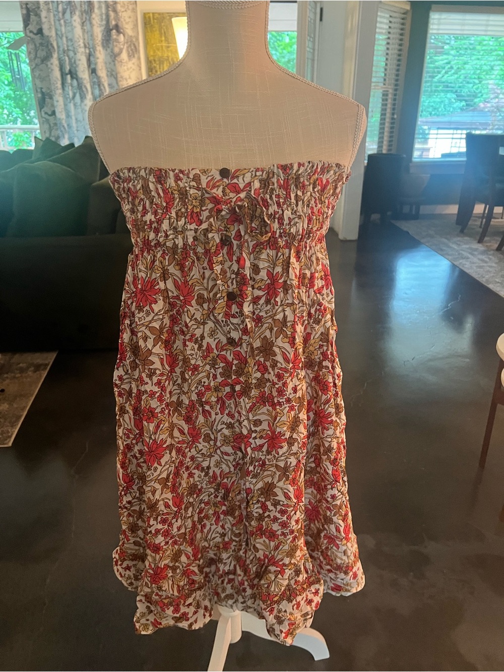 Cache Strapless Floral Dress in Red, Brown, Cream